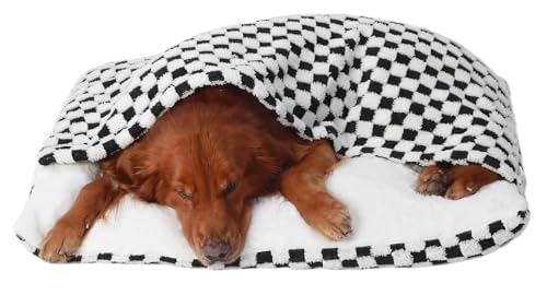 Beruhigend Hundeschlafsack, Hundebett Orthopädisch mit Dach, Flauschig Katzenkörbchen Waschbar mit Kapuze, Abnehmbar und Waschbar Katzenschlafsack Hundekorb für Kleine Mittelgroße Hunde(Square Grid,75