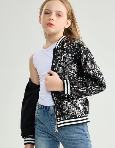 LOLANTA Girls Sequin Jacket, Long Sleeve Kids Bomber Coats with Pockets, Spring Fall Outfits for 4-15 Years2