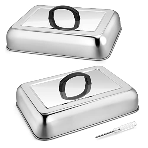 13 x 9.8 Inch Basting Cover Melting Domes (2Pcs), Joyfair Stainless Steel Rectangular Cheese Melt Lid for Outdoor Flat Top Griddle, Heat-resistant Handle & Screwdriver, Dishwasher Safe (No Vent)