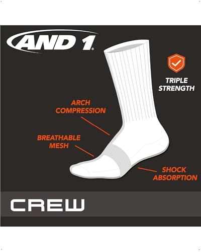 AND1 Men's Crew Socks - 12 Pack Performance Cushion Comfort Crew Socks - Breathable Athletic Socks for Men (6-12.5), Size 6-12.5, Black