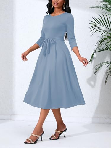 Image of Women's Caual Midi Dress 3 /4 Sleeve Crewneck A-line Swing Dress for Women with Belt for Wedding Guest & Cocktail Party Sky Blue Small