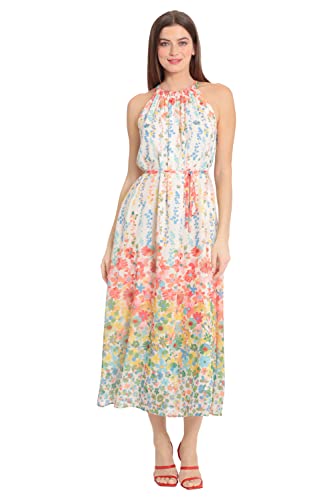 Maggy London Women's Floral Printed Halter Maxi With Waist Tie, Ivory/Coral Peach #TOP28