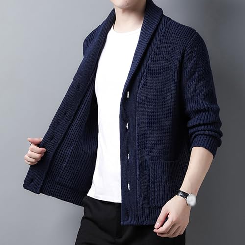 Mens Shawl Collar Cardigan Sweater Long Sleeve Button Cable Knit Men Sweaters Loose Fit Casual Ribbed Knit Cardigans (Blue,Large)3