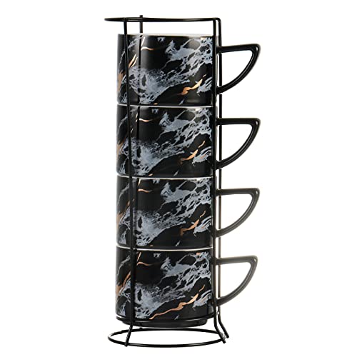 Winlauyet Juego de 4 tazas de porcelana de 200 ml con soporte cromado para café y té (negro)