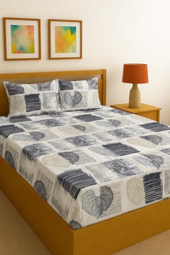 Image of Fitted Sheet Grey Leaf Patch Print Fitted Bedsheet | Glace Cotton 140 TC | Double Size (48x75 inch) with 2 Pillow Covers (18x28 inch) | Deep Pocket up to 10 Inches - Soft & Comfortable