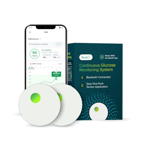 BeatO CGM Glucose Monitor for diabetes | Bluetooth Connected CGM Sugar Test Machine for home | 15-Day Glucose Tracking | No-Scan, One-Push Application (Pack of 2)