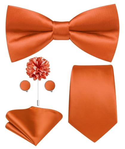 Image of Hi-Tie 5Pcs Mens Solid Color Silk Tie Satin Pretied Bowtie Lapel Pin for Men Handkerchief Cufflink Wedding Gift Box