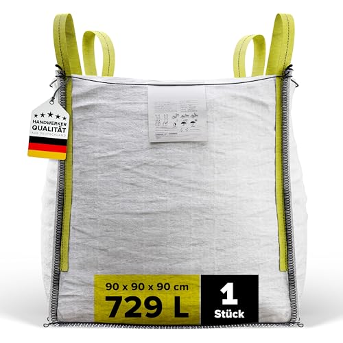 D-TACK 1x Big Bag | 90 x 90 x 90 cm | Säcke für Bauschutt, Holz, Laub, Kies, Sand, Erde, Gartenabfall, Grünschnitt, Pellets | 4 Schlaufen für Kran & Stapler | 1.500 kg | Witterungsbeständig