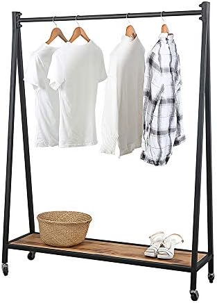 OLDRAINBOW Clothing Racks with Wood Shelves 59in,Retail Rolling Display Rack with Wheels,Commercial Clothes Racks for Hanging Clothes,Metal Garment Rack(Black)