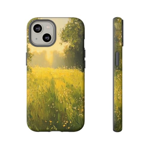 Coque iPhone 14 verte mate anti-rayures Sunlit Meadow pour éviter les traces