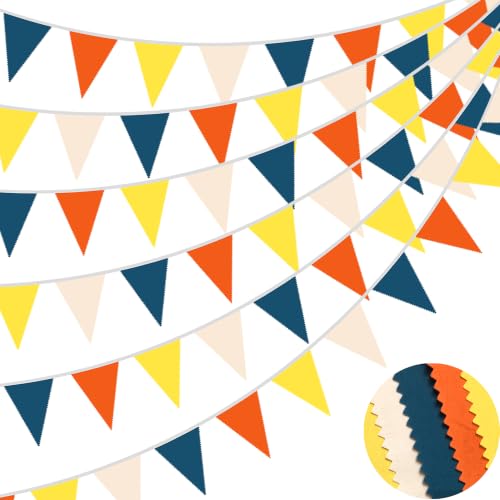 Image of 40Ft Retro Blue Orange Yellow Beige Fabric Bunting Banner Pennant Hanging Party Decorations Triangle Flag Garland for Boho Sunshine Theme Gender Reveal Birthday Here Comes the Son Baby Shower Decor