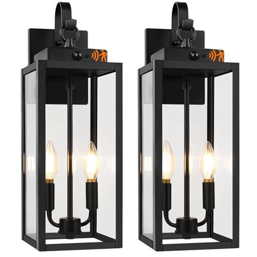 Image of BesLowe 2-Pack 17.5 inch Upgraded Motion Sensor Outdoor Wall Lights, Black | Auto ON /OFF, 3 Lighting Modes, Waterproof, Rust-Resistant, Durable Metal with Clear Glass, Dual E12 Sockets, Easy to Install