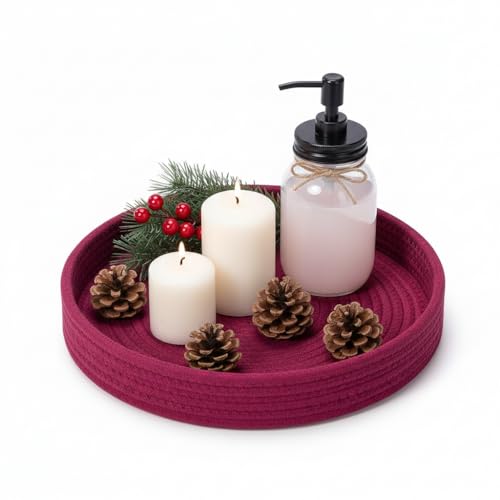 Image of BOBBINY Decorative Round Rope Tray for Decor - Rope Tray for Kitchen Dining Room Table - The Perfect Small Candle Serving Tray for Coffee Table and Home Decor (Magenta, 10x10 Inch (Pack of 1))