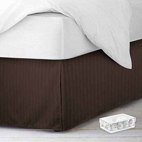 Image of Nestl Full Size Bed Skirt - Damask Dobby Stripe Wrap Around Bed Skirt Full Size - Double Brushed Microfiber 14 in Tailored Drop Pleated Bed Ruffle with Bed Skirt Pins - Brown
