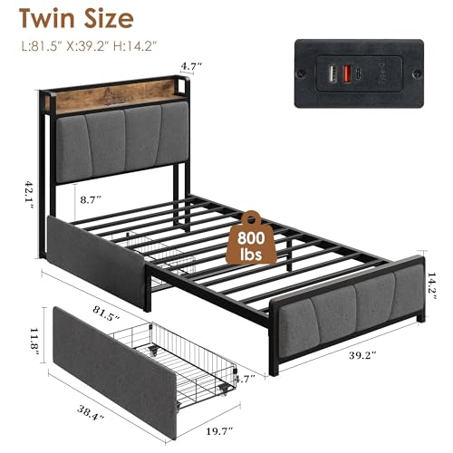 Image of GAOMON Twin Size Bed Frame with 2 Storage Drawers and Charging Station, Rustic Linen Upholstered Platform Bedframe with Storage Headboard, Heavy Duty, No Box Spring Needed, Easy Assembly, Noise Free