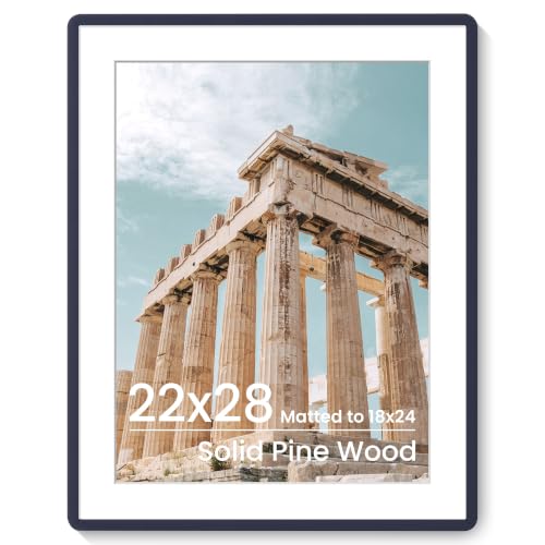 FLYJOE 22x28 Poster Frame | Solid Wood Picture Frame With Mat For 18x24 | Tempered Glass and Hanging Hardware Included | Puzzle Frame (Navy Blue, 1 Pack)