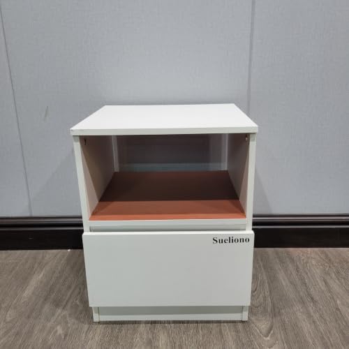 Sueliono Nightstands White bedside storage unit with open shelves and drawers.