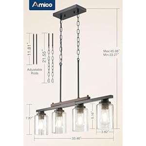 Amico Dining Room Light Fixture 4-Light Kitchen Island Lighting with Adjustable Rods, Farmhouse Decor Black Metal & Wood Chandelier with Seeded Glass Shade, Island Lights for Kitchen Amico Dining Room Light Fixture 4 Light Kitchen Island Lighting with Adjustable Rods Farmhouse Decor Black Metal Wood Chandelier with Seeded Glass Shade Island Lights for Kitchen