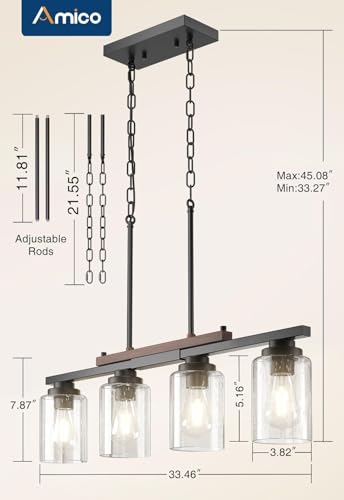 Amico-Dining-Room-Light-Fixture-4-Light-Kitchen-Island-Lighting-with-Adjustable-Rods-Farmhouse-Decor-Black-Metal-Wood-Chandelier-with-Seeded-Glass-Shade-Island-Lights-for-Kitchen Amico Dining Room Light Fixture 4 Light Kitchen Island Lighting with Adjustable Rods Farmhouse Decor Black Metal Wood Chandelier with Seeded Glass Shade Island Lights for Kitchen