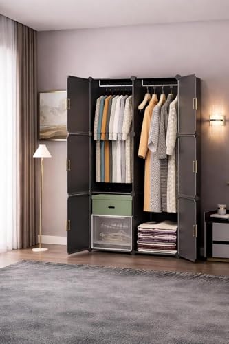 Image of Mevigo Foldable Plastic Wardrobe for Clothes - 12- Door Baby Cupboard for Clothes Storage, Wardrobe for Kids, Plastic Almirah, Collapsible Wardrobe for Kids Livingroom & Home (Grey- HK3, 6- Door)