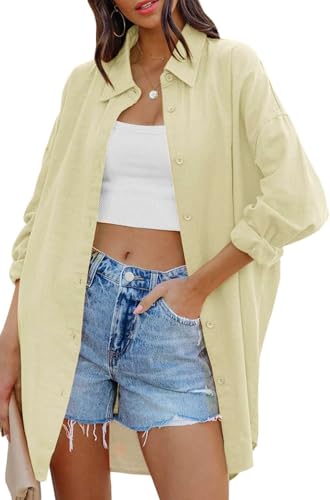 Image of FSHAOES Womens Oversized Button Down Shirts Casual Loose Long Sleeve Solid Lapel Long Blouses Tops with Pockets