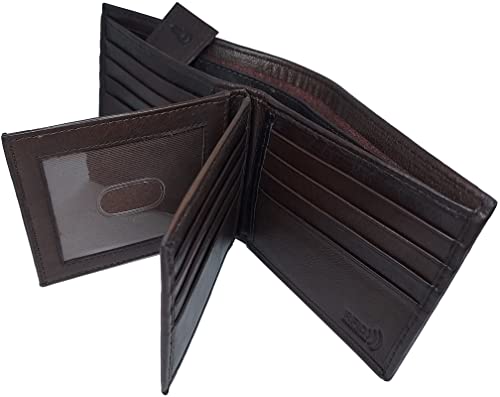 BiFold RFID Mens Leather Wallet With 2 ID Windows, 16 Credit Card Slots, 4 Hidden Pockets, Divided Currency Compartment & Key Holder P51214 (Brown)