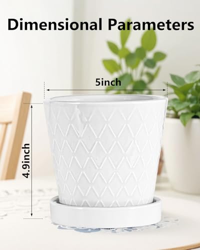 Image of EFISPSS Flower Planter -5 inch Ceramic Plant Pots with Drainage Holes and Ceramic Tray - Gardening Home Desktop Office Windowsill Decoration Gift Set of 4 - Plants NOT Included (White)