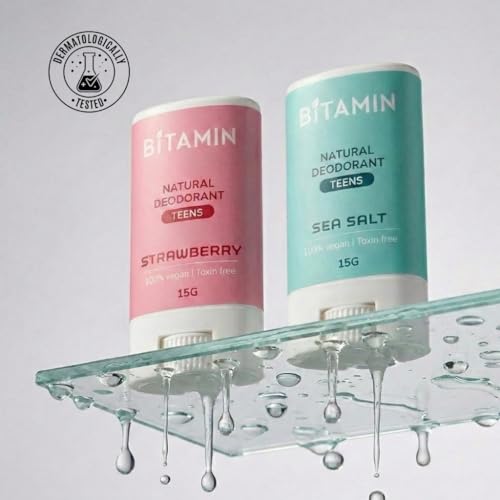 Image of Bitamin Natural Deodorant Underarm Roll On Cream For Kids & Teens | Kids Deodorant Roll On for Girls & Boys With 3% Vitamin C & E | No Aluminium, No Alcohol, No Parabens & No Triclosan | 8 Hour Odour Control, Ages 10-18 | Sea Salt & Strawberry 15 g Each (Pack Of 2)