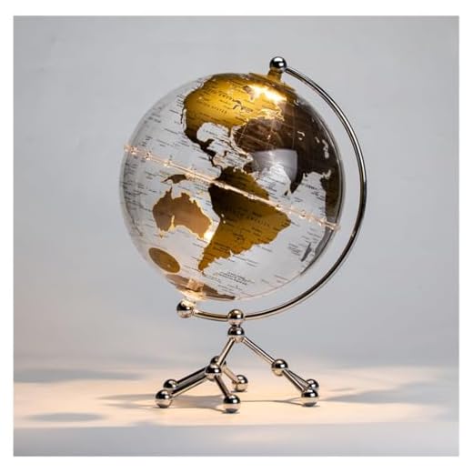 Mappamondo con Luce Touch Light - Globo da 20 CM Trasparente Base in Metallo – Lampada da Tavolo Decorativa per Casa, Ufficio, Scuola – Rotazione 360° – Idea Educativa Bambini (Argento - Luce Calda)