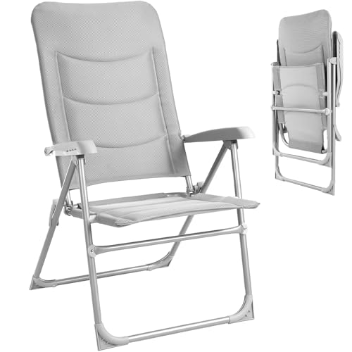 LIFERUN Campingstuhl Faltbar Leicht, Aluminium Hochlehner Gartenstuhl gepolstert, Verstellbar Klappstuhl mit Armlehnen und Kopfstütze, Balkonstuhl bis 150kg, Klappsessel Garten Terrasse Angel