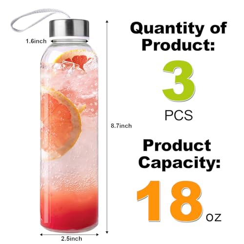 3 Packs Glass Water Bottles with Lid Clear Juice Bottles Reusable Bottle with Stainless Steel Cap Glass Cups Liquid Storage Containers for Juicing Beverage Refrigerator Travel-18oz - Image 3