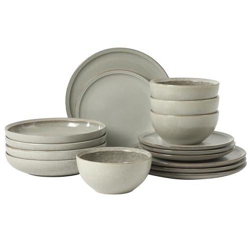 Image of Gibson Elite Beckett Stoneware Matte Reactive Glaze 16 Piece (Service for 4) Plates and Bowls Dinnerware Set - Ash White