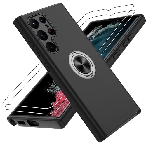 Gritup für Samsung Galaxy S22 Ultra Hülle mit 2 Stück Schutzfolie Militärstandard Stoßfeste Handyhülle Robuste Fallschutz Schutzhülle 360 drehbare Metallhalterung Case für Galaxy S22 Ultra Schwarz