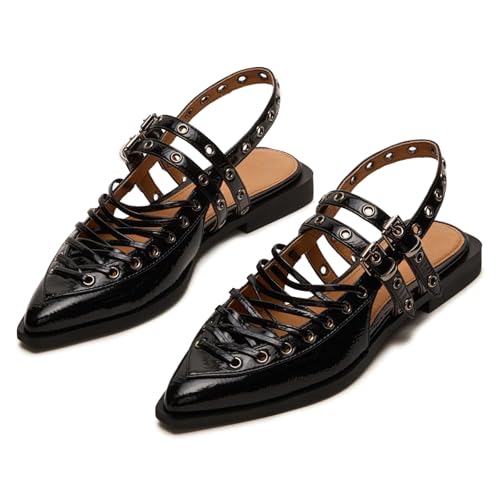 Yishaweiqi Ballet Flats Shoes for Women Pointed Toe Slingback Flats Buckle Strap Ballerina Shoes Casual Mary Jane Flats