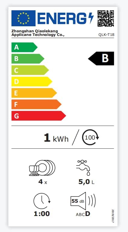 Energy efficiency label for the QLK-T18 dishwasher, showing a B rating and consumption details.