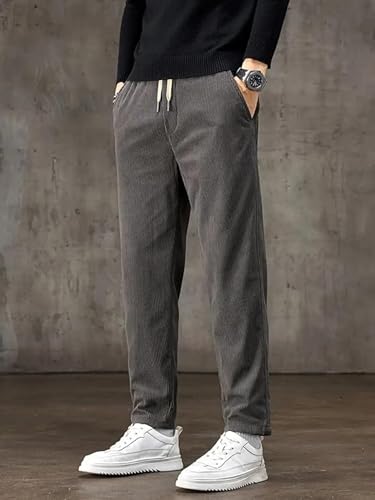 Image of BLUECORP ENTERPRISE Men's White Corduroy Casual Pants, Straight Leg, Drawstring Waist, Pockets