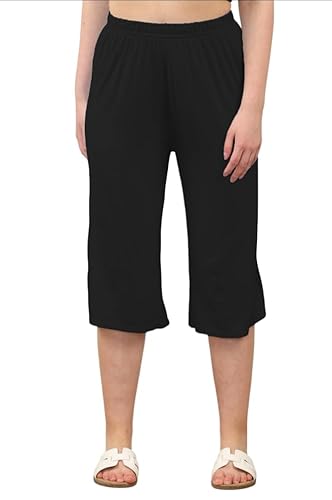 Women's Summer Wide Leg Culottes Stretchy Elasticated Waist Cropped Palazzo Shorts (BLK 4XL) - Image 4