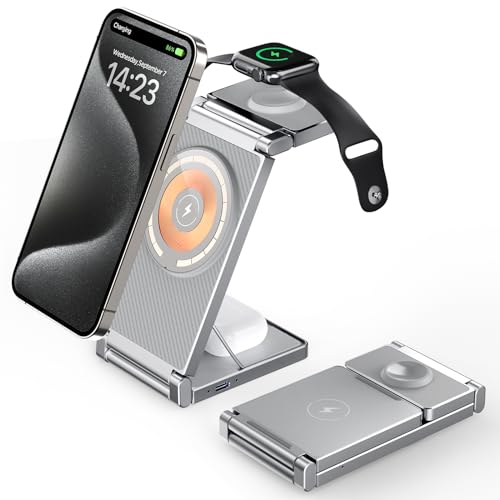 Image of Magnetic Charging Station,Hohosb 3 in 1 Foldable Zinc Alloy Wireless Charger Stand[Compatible with Magsafe Charger] for iPhone 15 /14 /13 /12 Series,AirPods Pro /3 /2,Apple Watch /iWatch(Titanium Grey)