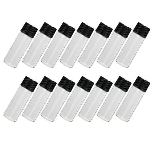 Amosfun Botellas de Viaje de Vidrio Transparentes para Aceites Esenciales 5 Ml, Set de 50 Unidades Tapa Negra Texturizada y Tapón Antidesbordamiento, Reutilizables para Cosméticos y Agua