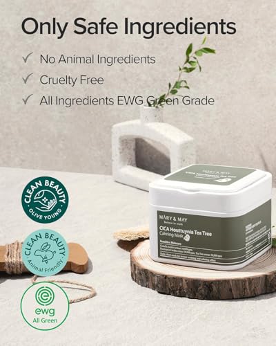 Image of Mary&May CICA Heartleaf Tea Tree Calming Mask, 30 Sheets Pull-Out | Korean daily soothing sheet mask, centella + heartleaf + tea tree 10,000ppm each for oily, sensitive, redness-prone skin