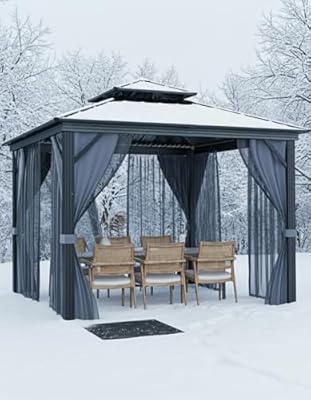 GarveeLife Hardtop Gazebo 8 ft x8 ft for All Weather, with Double Metal Roof, Aluminum Alloy Frame, Net, and Curtain, Permanent Building for Patio, Deck, Backyard, Lawn, and Garden