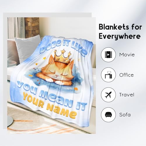 Custom Cat Blanket, Cute Soft Throw Gifts for Kids, Cozy Flannel Throw Blankets for Couch Sofa, Light Blue 30"x40"