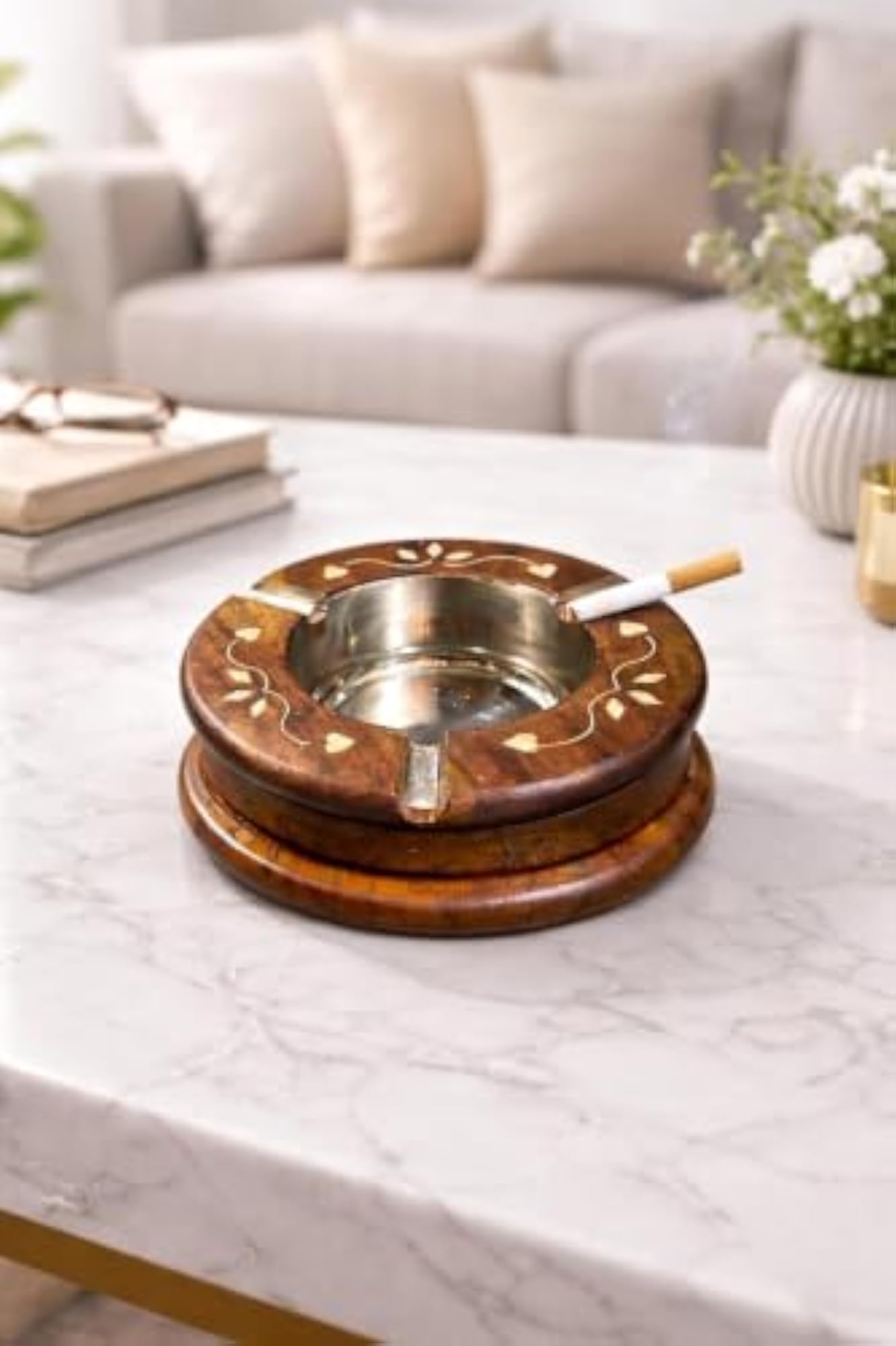 Wooden Ashtray with Steel Insert, Classic Design