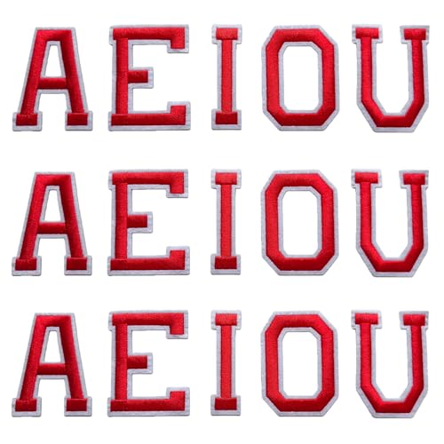 Zlettery 2.9 inch Iron on Vowel Letter Patches 15 Pieces, Vowel Embroidered Alphabet Patches for Clothing Jackets Hats Backpacks Jeans Red