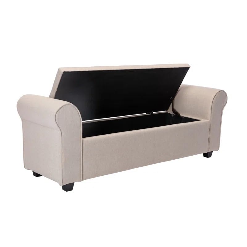 Image of 2 Seater Storage Ottoman Bench with Rolled Arms | Upholstered Fabric Sofa Bench with Hidden Storage | Bedroom Living Room Entryway Seating | Tufted End of Bed Bench Footrest Lounge Seat | Beige