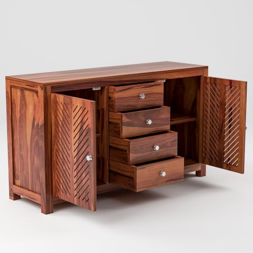 Image of Solid Sheesham Wood Wooden Sideboard Storage Cabinet : Ideal for Living Room and Bedroom with 4 Drawers and 4-Shelf Storage(Ferna, Honey Finish)