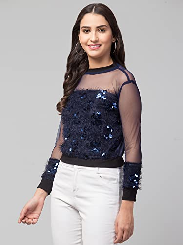Image of NEOAMBER Women Stylish Sleeveless Sequin Net Western Cami Party Crop Top