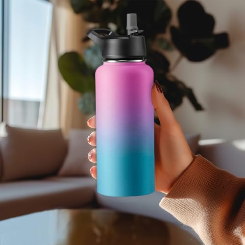 GARUET 950 ml Dreifach isolierte Wasserflasche mit Strohhalm - Edelstahl Metallflasche mit 3 auslaufsicheren Deckeln - Für Reisen, Schule, Sport, Fitness/Männer, Frauen & Kinder (Pacific Blue Rose