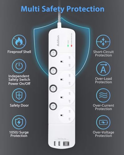 1.8M Extension Lead, 4 Way Socket Outlets Power Strips with 4 USB(2 Type C) - Image 3