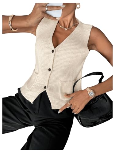 Image of SHENHE Women's Sleeveless V Neck Sweater Vest Button Up Casual Knitwear Outfits with Pockets Beige X-Small